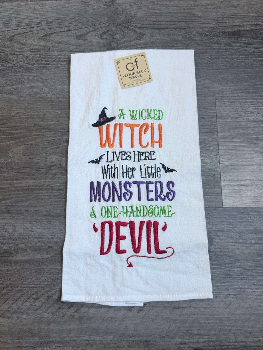 C&F Halloween Embroidered Flour Sack Towel NEW Cotton Witch Bats